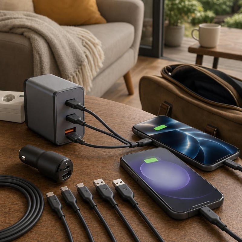 Cestovný nabíjací set: 65W GaN nabíjačka + 4x USB kábel + 42W autonabíjačka