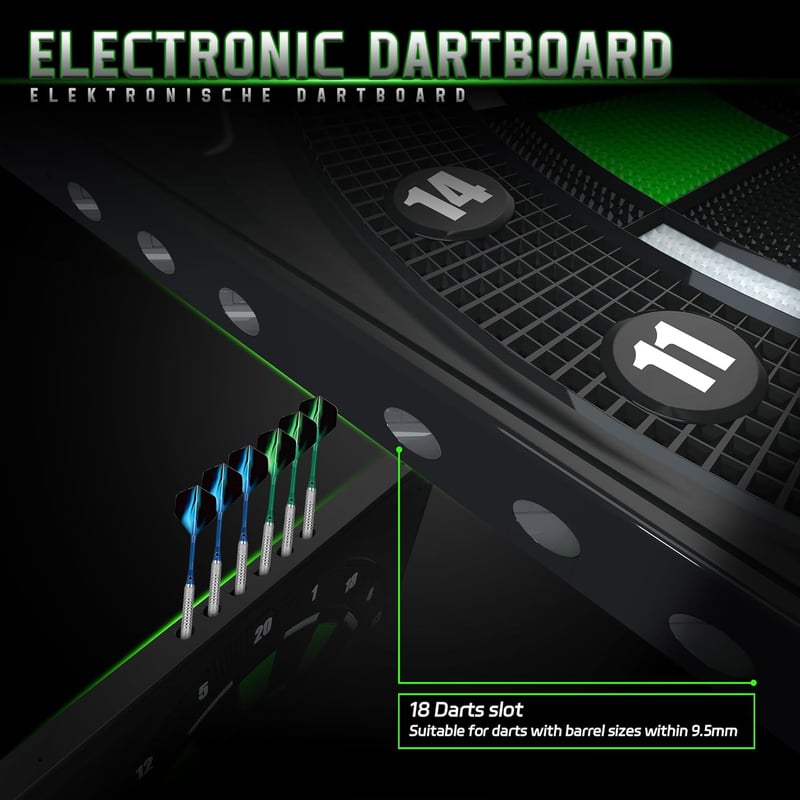 CyeeLife Elektronikus Darts Tábla LCD Kijelzővel - 34 Játék, 355 Variáció, Német Hangvezérléssel - 12 Puha Nyíl, 24 Toll, 50 Hegy, USB Töltő