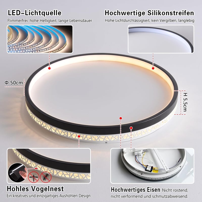 SEATAIN LED Mennyezeti Lámpa 50W - Fekete, Kerek, 50cm, Távirányítós, Fényerőszabályozható, 3000K-6000K, 5000lm, Memória Funkcióval, Éjszaka