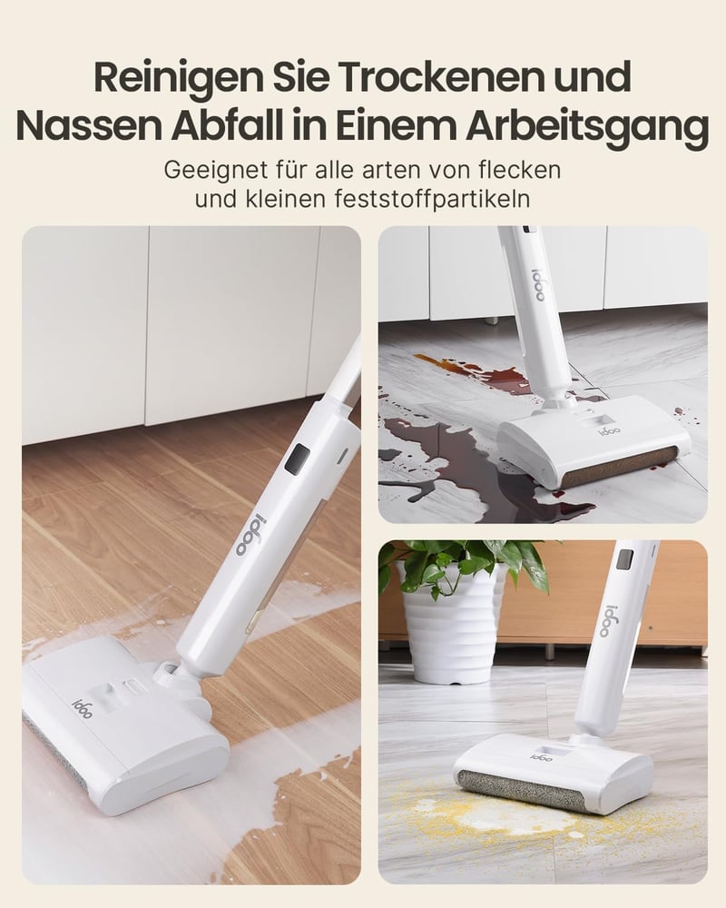 iDOO Vezeték Nélküli Elektromos Padlótisztító - Forgó Mikroszálas Hengerekkel, Öntisztító Funkcióval, LED Kijelzővel