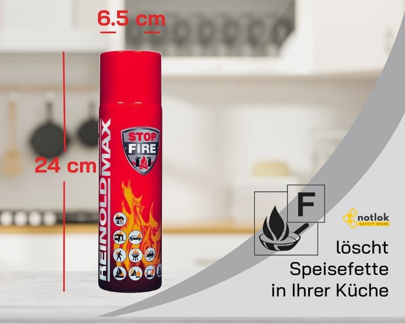 notlok Safety Work 500g Tűzoltó Spray | Kompakt Habos Tűzoltó Készülék Konyhába és Autóba | A B E F Osztályú és Zsírtüzek Ellen | 500ml Alum