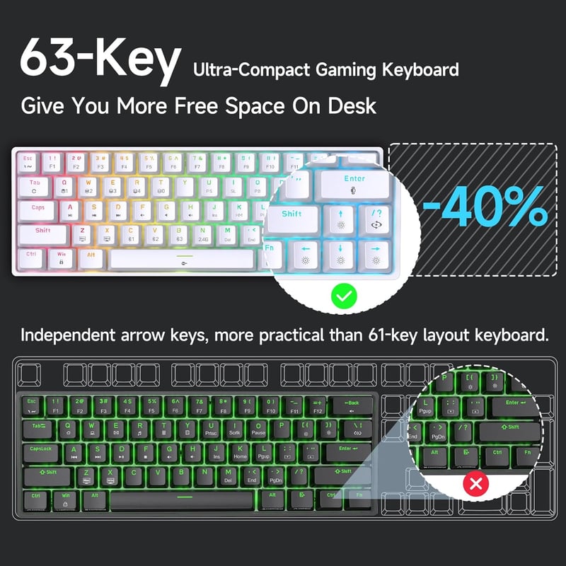 TMKB T63 Wireless Mechanikus Gamer Billentyűzet 60% RGB Háttérvilágítás Bluetooth