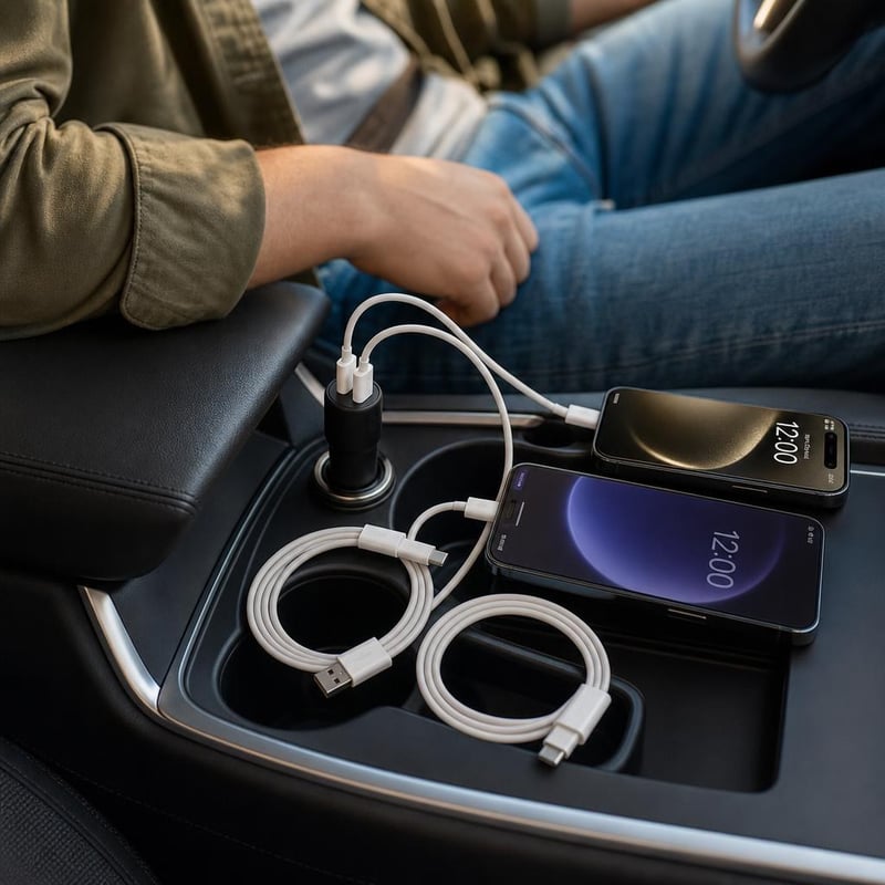 Pachet încărcare auto: 2 cabluri USB-A la USB-C (1m + 2m) + încărcător auto dual 42W