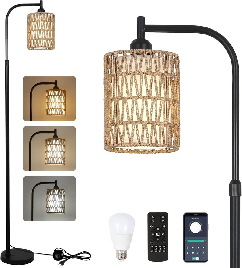 Rayofly Állólámpa Távirányítóval - Rattan Nappali Lámpa Állítható Fényerővel és Applikációs Vezérléssel, Bohém Lámpa Rattan és Len Lámpaerny