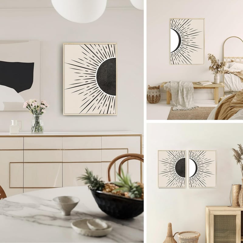 Nap és Hold Boho Fakeretes Kép - Absztrakt Fekete Vonalak Bézs Geometriai Mintával, Modern Nordikus Fali Dekoráció Nappaliba, Há