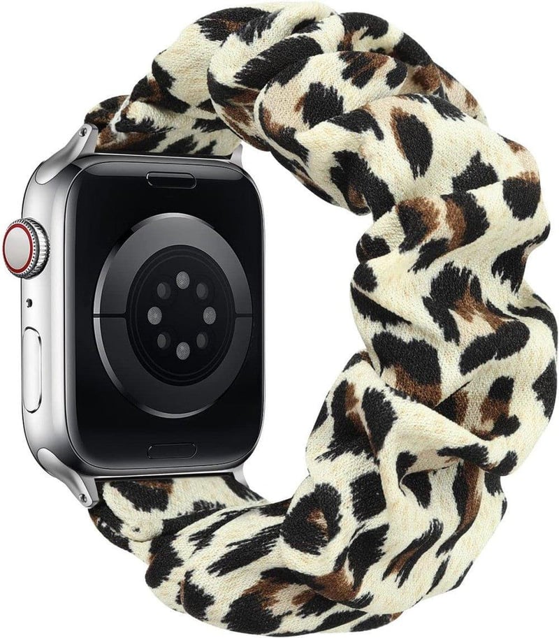 Apple Watch szíj - Fekete leopárd mintás, elasztikus, S méret (Ultra/1-7/SE)