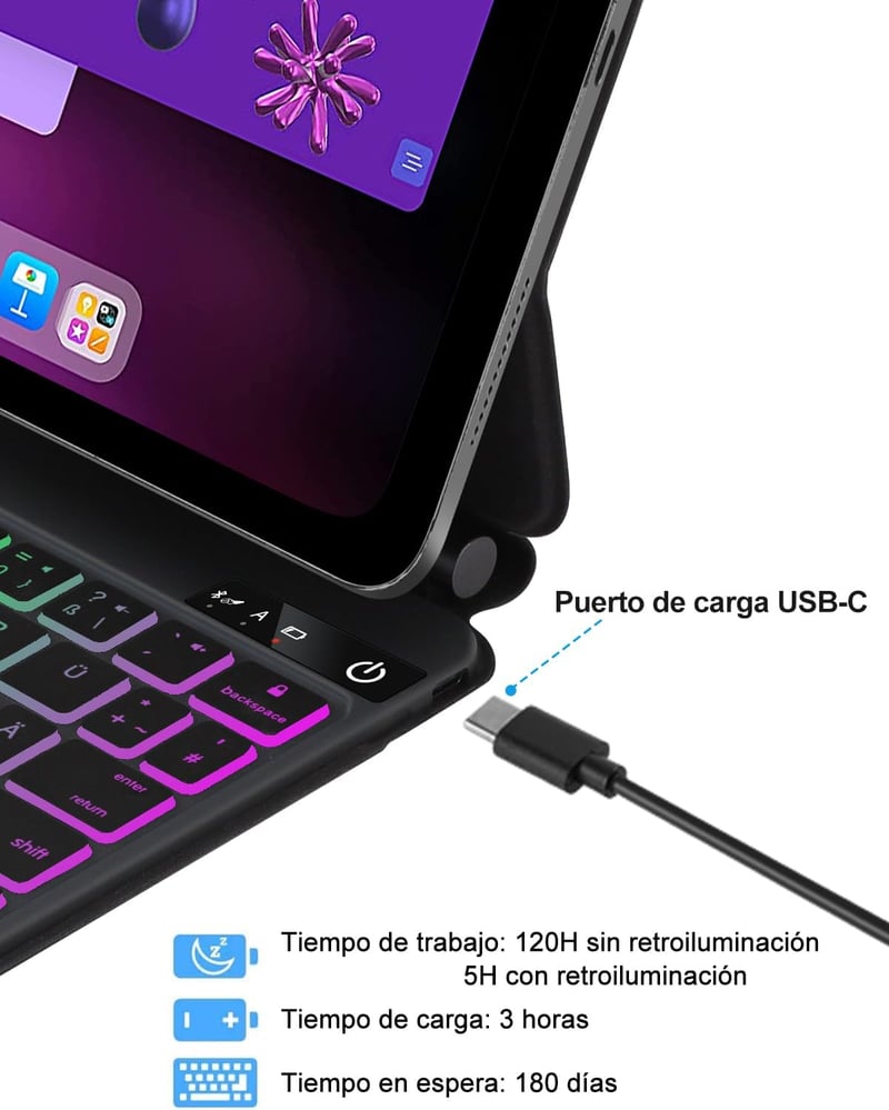 FOGARI Bluetooth Billentyűzet iPad Air 11/5/4 és Pro 11 Modellekhez - QWERTZ Touchpad, 7 Színű Háttérvilágítás, Fekete