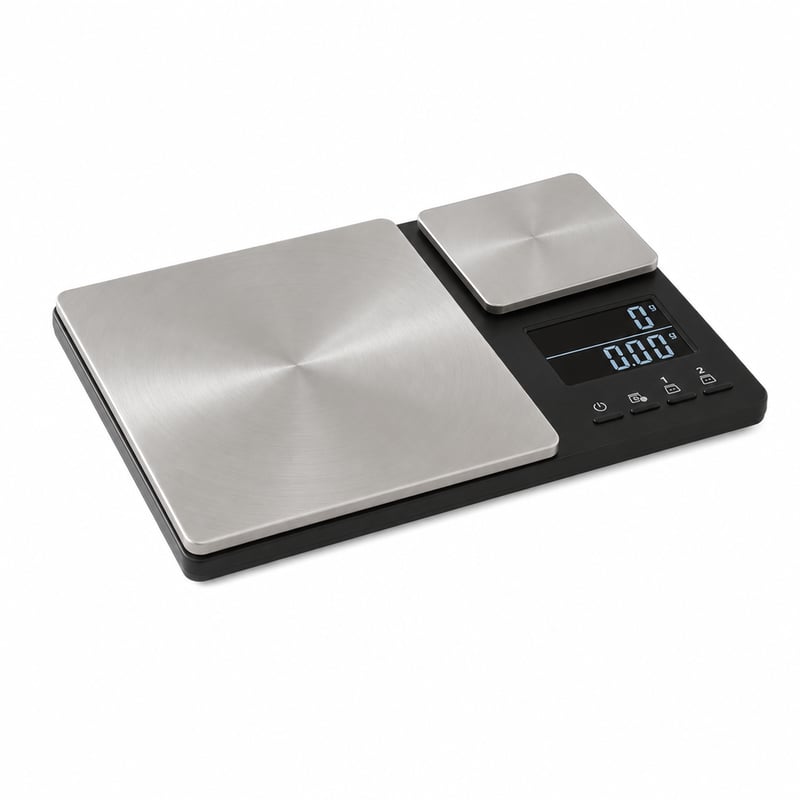 Cântar de bucătărie digital KitchenAid cu două platforme — defect, funcționează parțial: cântarul mai mic nu funcționează (stare: vezi poza nr. 2)