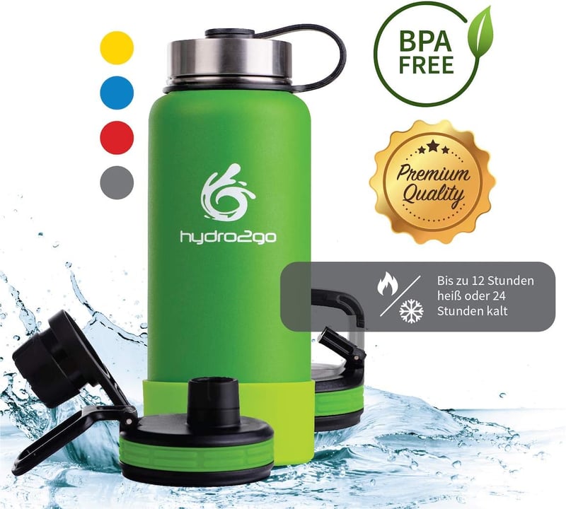 hydro2go X-AlpsBottle 1L Rozsdamentes Acél Vákuumszigetelt Termosz 3 Kupakkal