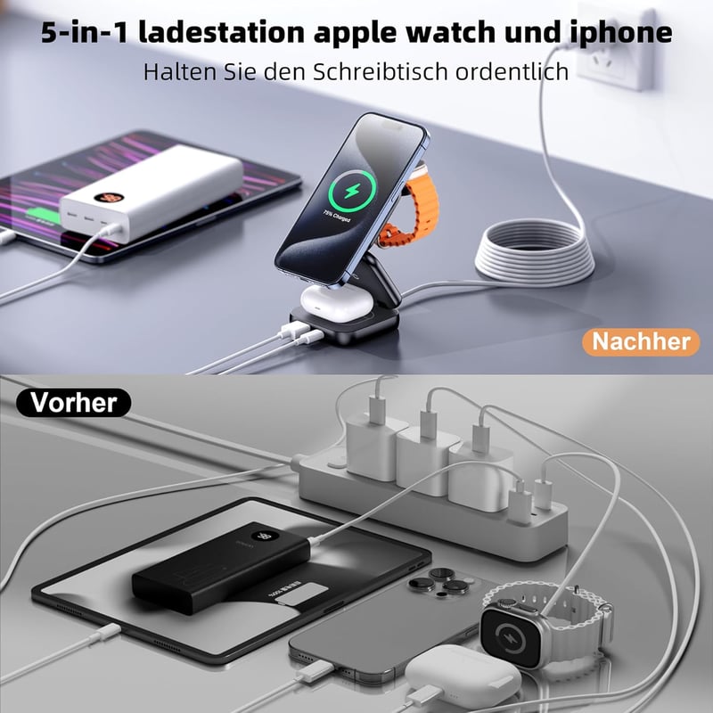 AC ISLAND 5 az 1-ben Összecsukható Vezeték Nélküli Töltőállomás iPhone 15/14/13/12, Apple Watch és AirPods Pro/3/2 Készülékekhez, MagSafe Ko