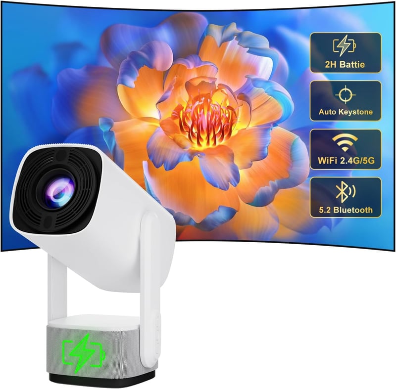 Eroshoo R1 Hordozható Mini Projektor - 10000 Lumen, 1080P, 4K Támogatás, Android TV 11.0, WiFi 6, Bluetooth 5.2, Beépített Akkumulátor, 270°