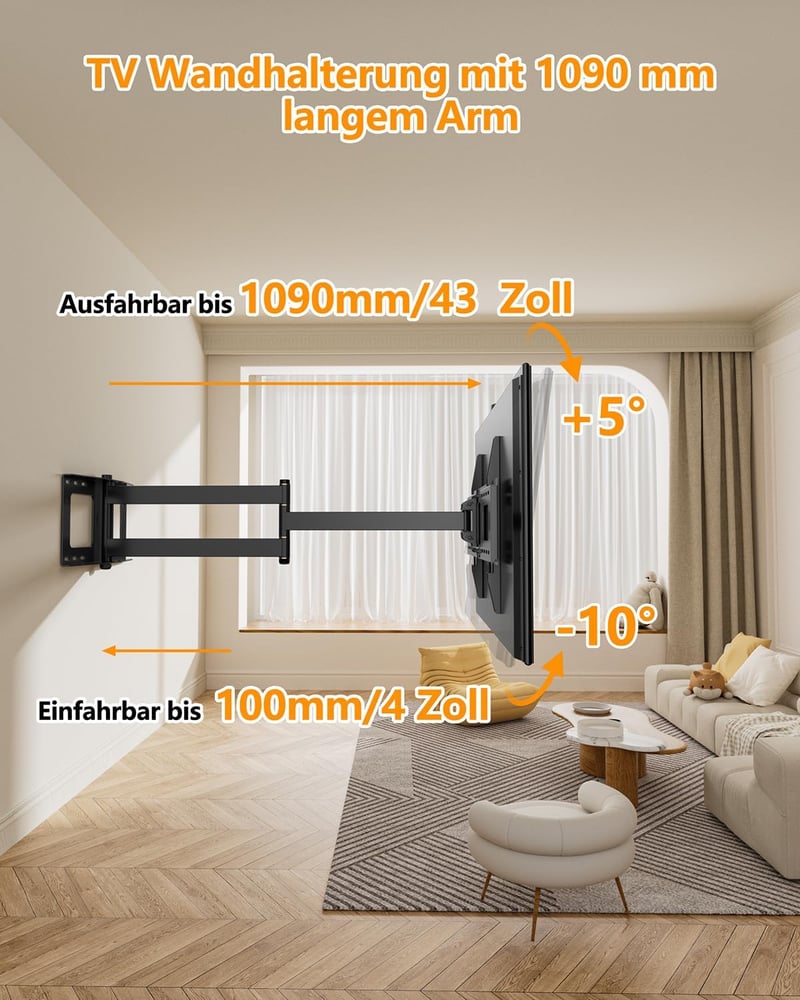 FORGING MOUNT TV Fali Tartó 32-80" Képernyőkhöz, 1090mm Hosszú Kinyúló Karral, 45kg Teherbírás, Dönthető, Forgatható, VESA 600x400mm