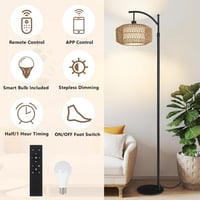 Rayofly Rattan Állólámpa - Távirányítós, Alkalmazással Vezérelhető Bohém Padlólámpa Nappali, Hálószoba és Iroda Számára, Fekete Fém Váz, LED 2