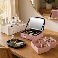 Set za organizaciju šminke: organizator ladica + kutija za kozmetiku + pladanj + torbica s LED ogledalom 1