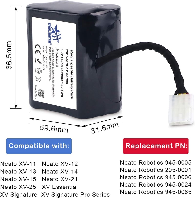 melasta 7.2V 4500mAh Lítium-ion akkumulátor csomag (2db) Neato XV sorozatú robotporszívókhoz - XV-11, XV-12, XV-14, XV-15, XV-21, XV-25 mode