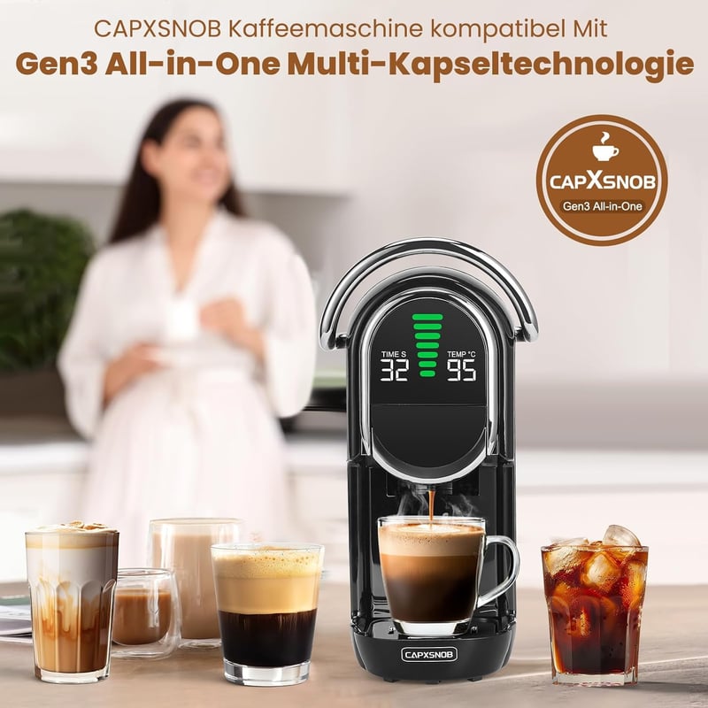 CAPXSNOB Magician1 Mini 5 az 1-ben Kávéfőző - Nespresso, Dolce Gusto, Lavazza Kompatibilis, 20 Bar, LED Kijelző, 7 Vízszint, Kompakt Kapszul - Black