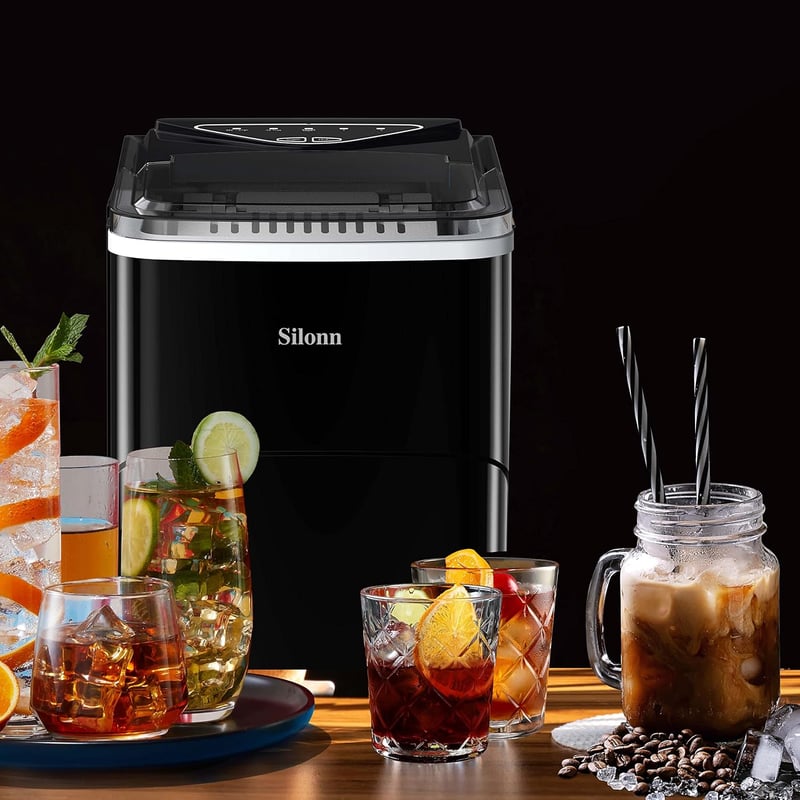 Silonn Jégkockakészítő Gép - 9 Kocka 6 Perc Alatt, 12kg/24 Óra, Öntisztító Funkció, 2 Méretű Jégkocka, 2L Víztartály, Fekete, Konyhai-Irodai
