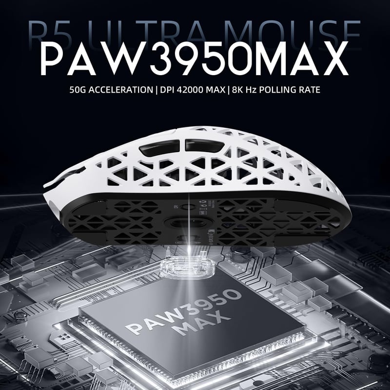 ATTACK SHARK R5 Ultra Szénszálas Gamer Egér, 39g Szuperkönnyű, 8000Hz Vezeték Nélküli, 42000 DPI, Bluetooth/2.4G/Vezetékes, Fehér
