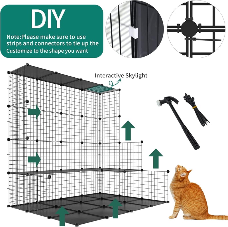 YITAHOME Nagy Macska Ketrec Tárolóval - 140x140x140 cm Fém Játszótér Függőággyal, 4-Szintes Beltéri Kennel 1-4 Macska Részére, Fekete