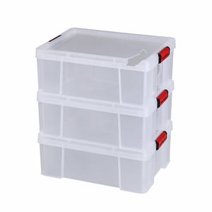 Set 3 cutii de depozitare Sundis Clip'N Store, 27L, plastic transparent, cu clips — fără partea interioară a capacului rupt (stare: vezi a 2-a imagine)