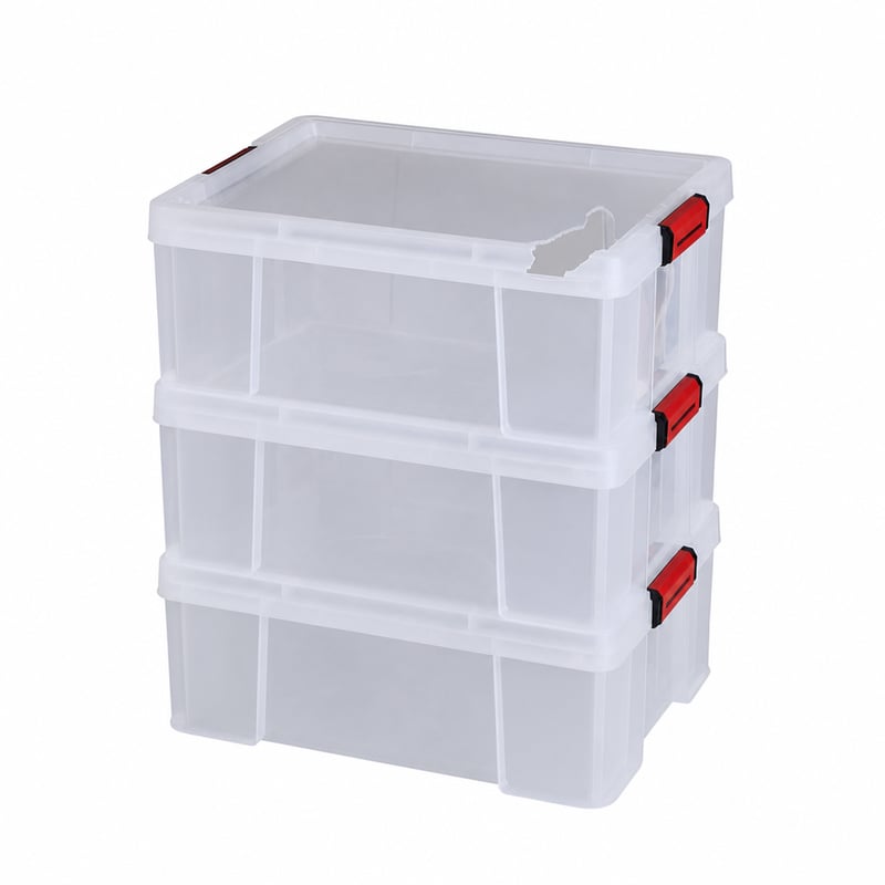 Set 3 cutii de depozitare Sundis Clip'N Store, 27L, plastic transparent, cu clips — fără partea interioară a capacului rupt (stare: vezi a 2-a imagine)