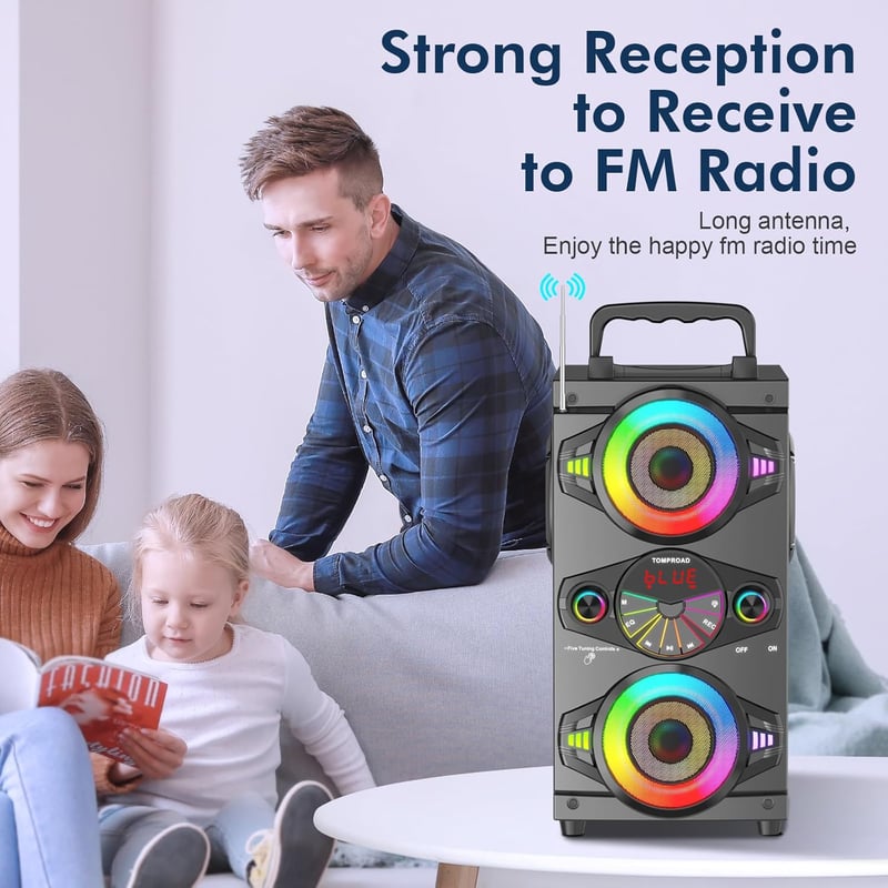 TOMPROAD Bluetooth Hangszóró 60W - Hordozható Vezeték Nélküli Hangfal Karaoke Funkcióval, FM Rádióval, LED Világítással és Távirányítóval