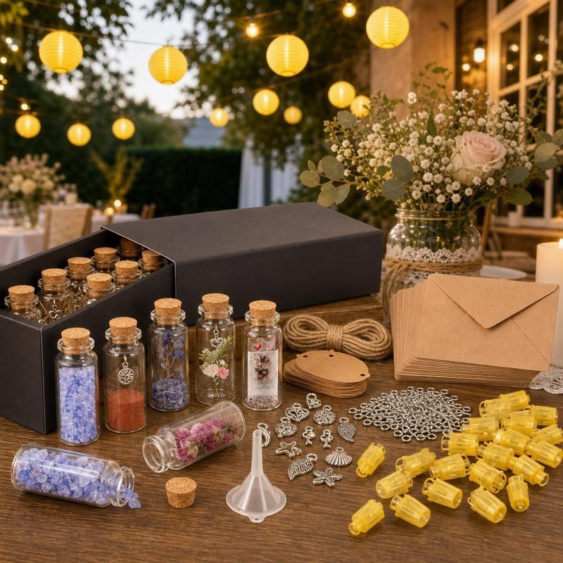 Svadobný darčekový set: 20x fľaštička + 20x krabička + 30x LED lampion + 50x karta s obálkou