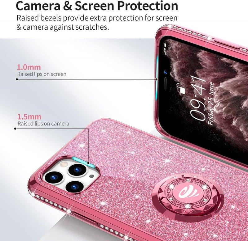 iPhone 11 Pro Max Rózsaszín Glitteres Gyűrűs Védőtok