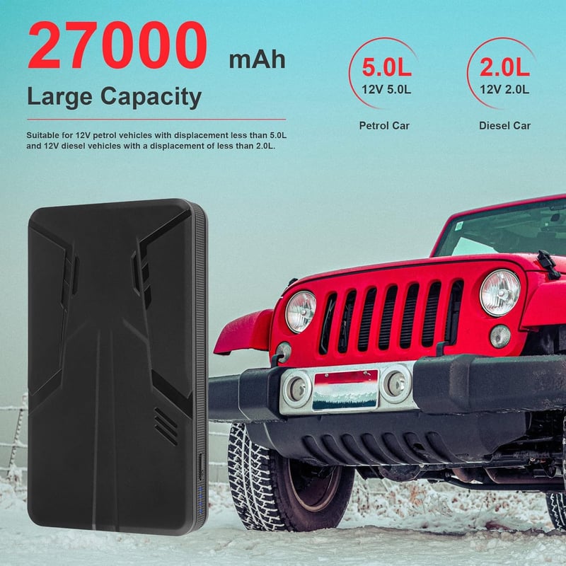 ASUNCELL Autós Bikázó 27000mAh Powerbank 600A 12V - Hordozható Indításrásegítő 5.0L Benzin és 2.0L Dízel Motorokhoz, LED Lámpával