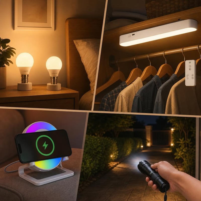 Éjszakai fénykalauz: 2 db LED izzó + tölthető szekrénylámpa + hangszórós éjjeli fény + 3000 lumen zseblámpa