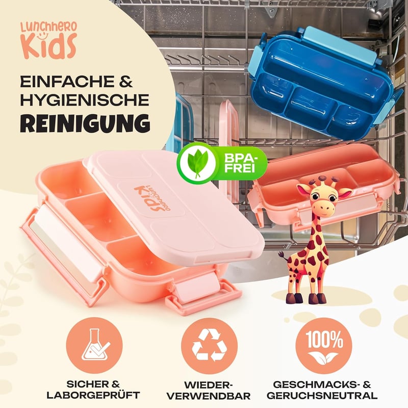 LUNCH HERO Szivárgásmentes Gyermek Uzsonnás Doboz Elválasztókkal - BPA-mentes Bento Box Iskolába és Óvodába - Mosogatógépben Mosható