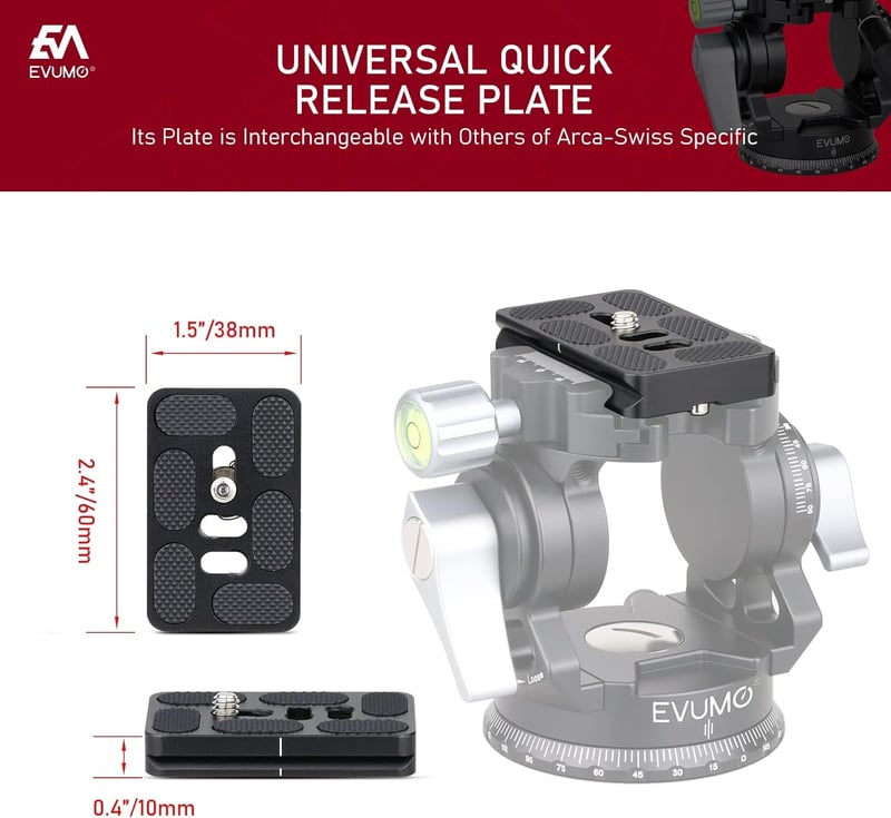 Cap trepied video EVUMO - Cap panoramic 360° cu placă rapidă, pentru GoPro, DSLR și camere video, sarcină maximă 10 kg, mâner reglabil, 47