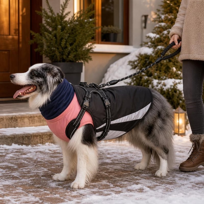 Téli kutyaséta pajzs: vízálló fleece mellény + esőkabát + húzásgátló hám pórázzal + nyakvédő