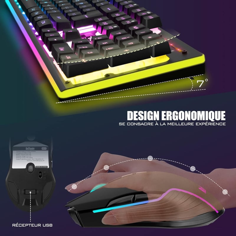 RedThunder K10 AZERTY Francia Vezeték Nélküli Billentyűzet és Egér Szett - Fekete, Lítium-Ion Akkumulátorral, Kompakt Kialakítás