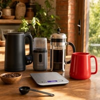 Domáci barista set: mlynček + 1L kávovar + váha + kanvica + 720ml šálka 1
