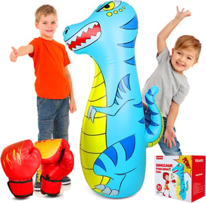 EQARD 120cm Felfújható Dinoszaurusz Boxzsák Gyerekeknek 3-9 Éves Korig, Boxkesztyűvel, Vastag PVC Anyagból, Karate, MMA, Taekwondo Edzéshez
