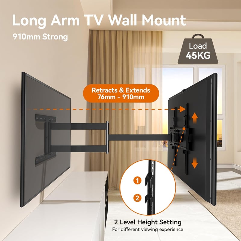 FORGING MOUNT TV Fali Tartó 32-65" Képernyőkhöz, 90° Elforgatható, 910mm Extra Hosszú Kar, 45kg Teherbírás, VESA 400x400mm, Dönthető Konzol