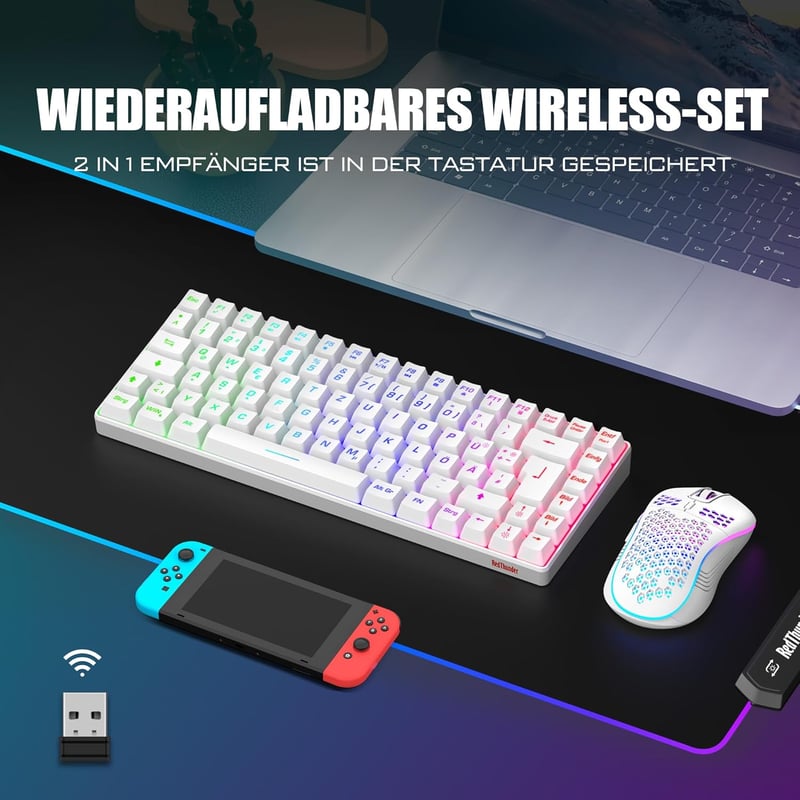 RedThunder 75% Vezeték Nélküli Gamer Billentyűzet és Egér Szett, QWERTZ DE Kiosztás, TKL Kompakt Mini Billentyűzet, 7200DPI Méhsejt Egér, PC - White