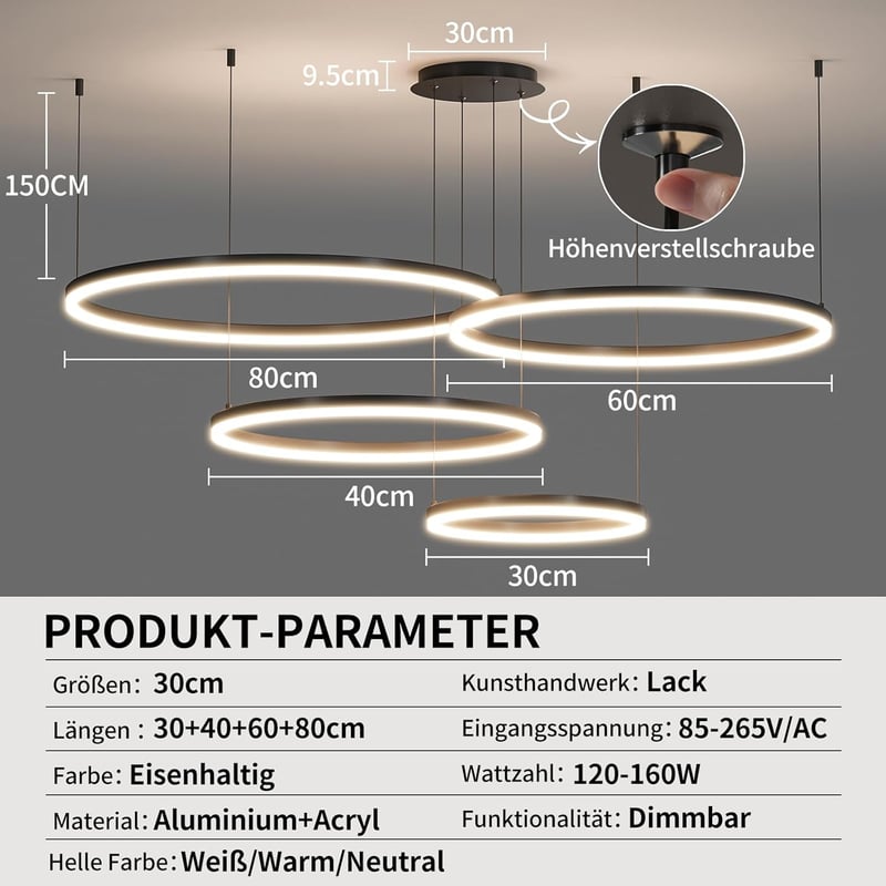 Mikeru 4 Gyűrűs Mennyezeti Lámpa, 30-80 cm Modern Függőlámpa, 10-100% Fényerőszabályzás, 3000K-6000K Állítható Színhőmérséklet, Távirányítós