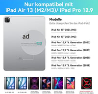HOU iPad Air 13 és Pro 12.9 Billentyűzetes Tok - QWERTZ, Érintőpaddal, 7 Színű Háttérvilágítással, Mágneses Kialakítással, Kompatibilis 3-6. 3