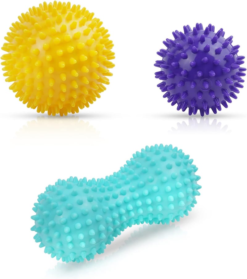 URAQT 3 db-os tüskés masszázslabda szett - Talp, kéz és nyak fájdalomcsillapításra - 3 Pack - Light Blue + Purple + Yellow