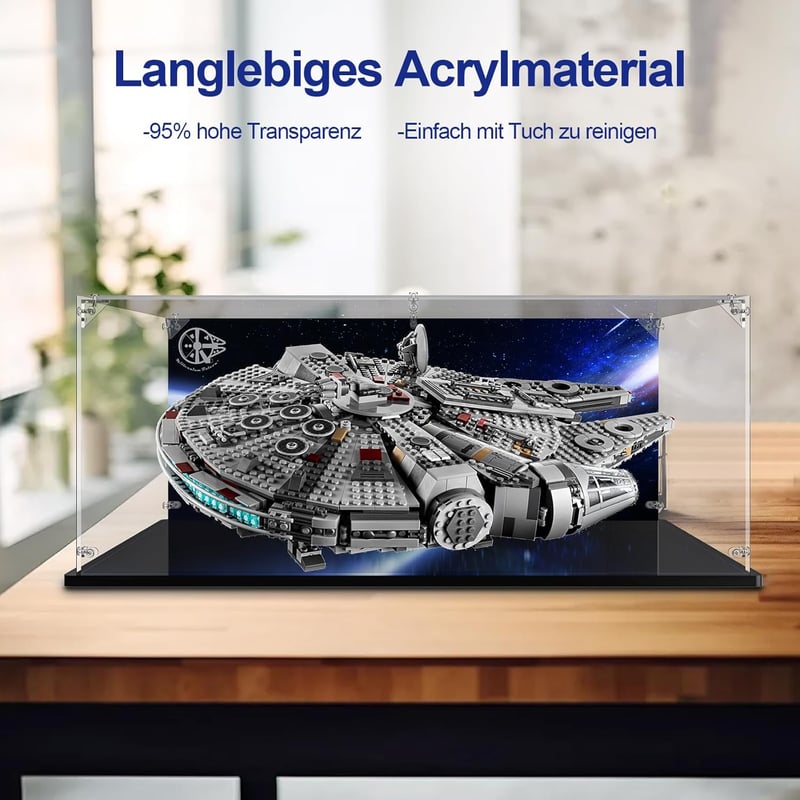 cooldac Akril Vitrin LEGO 75257 Millennium Falcon Modellhez - Átlátszó HD Hátfallal, Porvédő Kijelző Doboz, 50x38x20 cm