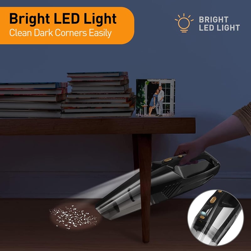 Akkus Kézi Porszívó LED Fénnyel - 120W-os Erős Autós és Otthoni Mini Porszívó Nedves-Száraz Tisztításhoz