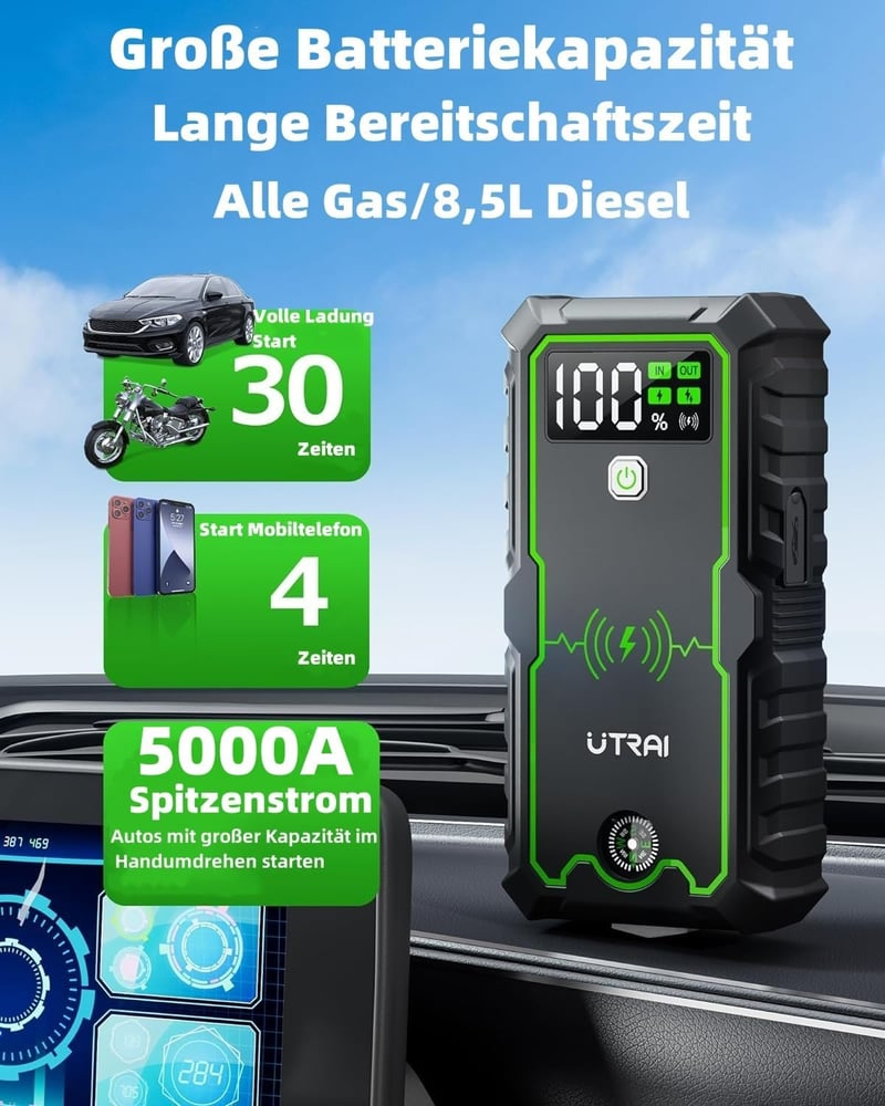 UTRAI 5000A autós indításrásegítő powerbank, LED lámpával és biztonsági kalapáccsal