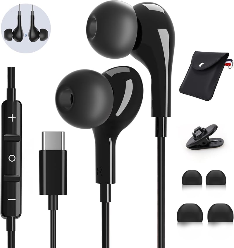 USB C Fülhallgató Mikrofonnal - Vezetékes Headset Hangerőszabályzóval Samsung Galaxy S24/S23/S22, iPhone 15/16 Pro Max és iPad 10 Készülékek
