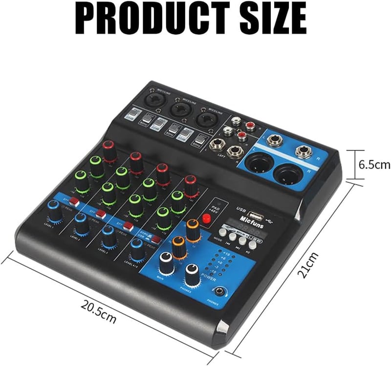 micfuns M-5 Mini DJ Keverőpult 5 Csatornás Hangkeverő Bluetooth USB MP3 Funkcióval, 48V Fantomtáp, Stúdió Felvételhez, Élő Közvetítéshez