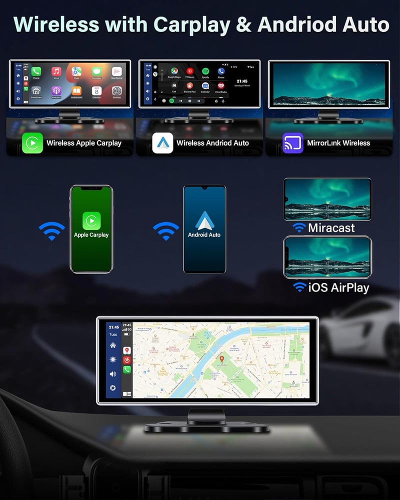 Jansite 11,26" CarPlay Autós Kijelző 2.5K Fedélzeti Kamerával - Bluetooth Tükrözés, Tolatókamera, Siri Támogatás, 64GB TF Kártya, Apple CarP