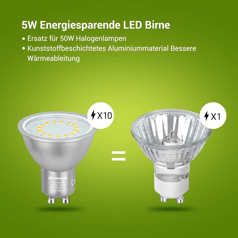 DEWENWILS GU10 LED Izzó, Meleg Fehér 2700K, Fényerőszabályozható, 5W 350LM, 50W Halogén Helyettesítő, 120° Szórási Szög, 6 db Csomag