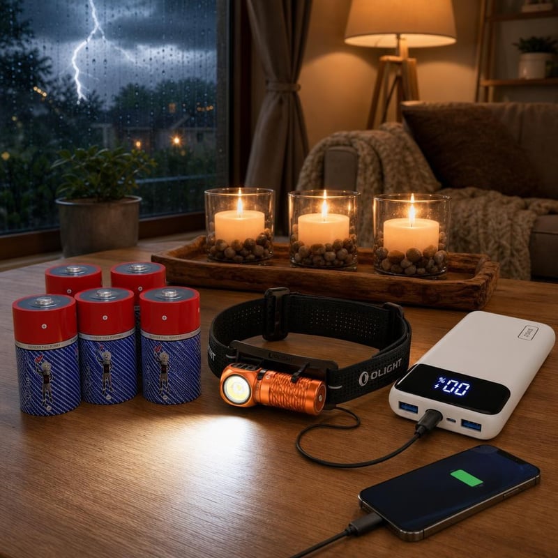 Núdzový svetelný set: 5x batéria D + čelovka + 20000mAh powerbanka + LED sviečky