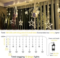 Bigzom LED Csillag Fényfüggöny 138 LED-del - 2,4x1m Meleg Fehér Világítás 8 Fénymóddal - Vízálló Karácsonyi Dekoráció Ablakra, Falra, Beltér 3